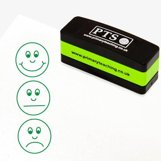 Rectangular self-inking, stackable stamper 44mm x 13mm with green ink, featuring a vertical image of 3 faces - top one smiling, middle one with a non committal face and the bottom one with a sad face.