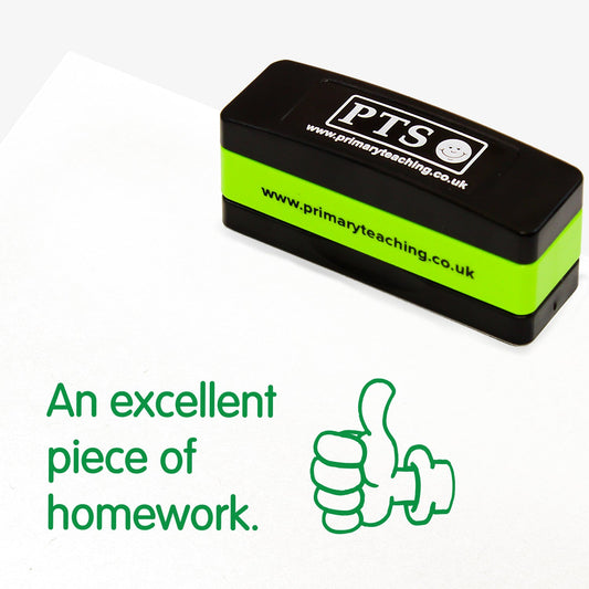 A rectangular self-inking stamper 44mm x 13mm, displaying the green text 'An excellent piece of homework.' with a thumbs up icon to the right.