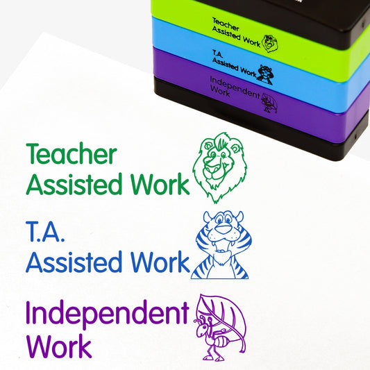 3 stacked rectangular self-inking stampers measuring 44mm by 13mm, featuring the imprint - 'Teacher Assisted Work' with a lions face in green ink; 'T.A. Assisted Work' with a smiling tiger face in blue ink; 'Independent Work' with an ant carrying a leaf on it's back in purple ink