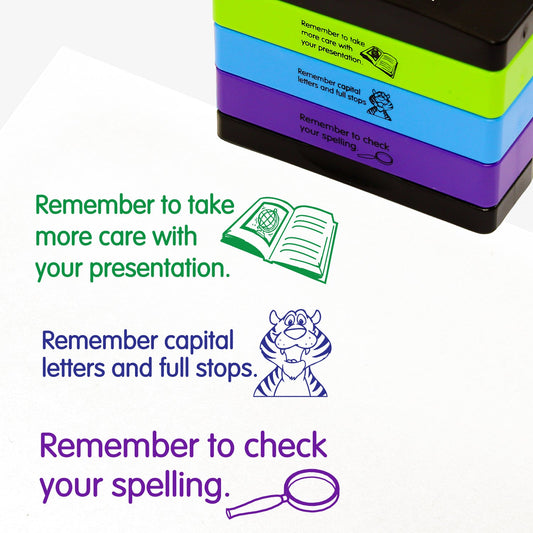 3 stacked rectangular self-inking stampers measuring 44mm by 13mm, featuring the imprint - 'Remember to take more care with your presentation.' in green ink with an open book image to the right; 'Remember capital letters and full stops.' in blue ink with a smiling tiger to the right; 'Remember to check your spelling.' in purple ink with a magnifying glass image to the right.