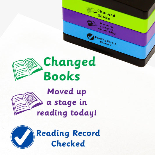 3 stacked rectangular self-inking stampers measuring 44mm by 13mm, featuring the imprint - 'Changed Books' in green ink with an open book image to the left; 'Moved up a stage in reading today!' in purple ink with an open book image to the left; 'Reading Record Checked in blue ink with a white tick in a blue circle to the left.