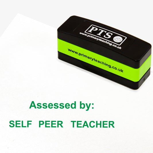 A rectangular self-inking stamper 44mm x 13mm, displaying the green text 'Assessed by:' and 'SELF   PEER   TEACHER'
