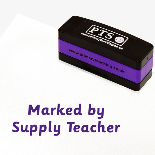 Rectangular purple self-inking stamper measuring 44mm by 13mm, featuring, across two lines, the phrase 'Marked by Supply Teacher'