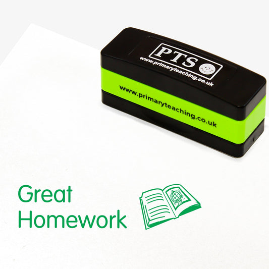 44mm x 13mm self-inking stamper featuring the phrase 'Great Homework.' in bold green letters next to an illustration of an open book with lines on one page and a globe on the facing page.