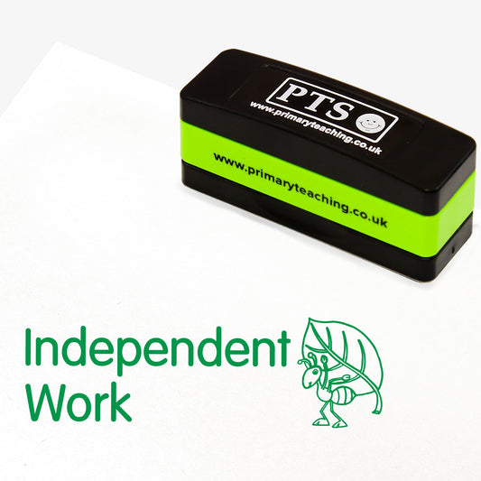 44mm x 13mm self-inking stamper featuring the phrase 'Independent Work' in bold green letters alongside a cartoon ant character; designed for teachers to indicate pupils' independently completed work.