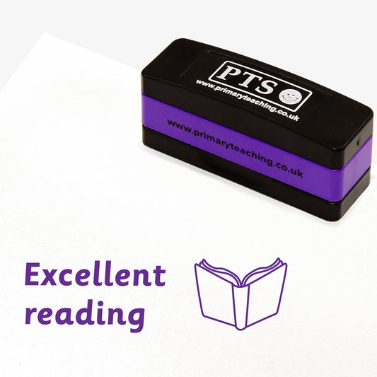 A rectangular purple pre-inked, stackable teacher stamper measuring 44mm x 13mm. The stamp imprint shows the words 'Excellent reading' in purple next to a simple open book icon.
