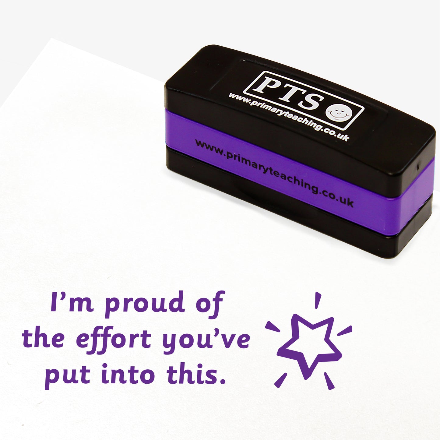 44mm x 13mm self-inking stamper featuring the phrase 'I'm proud of the effort you've put into this.' in bold purple letters nexts to an illustration of a shining star.