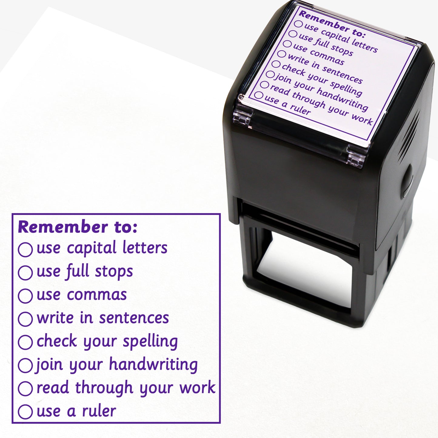 Purple ink 40mm square self-inking teacher stamp with a checklist titled 'Remember to:' followed by tick-box items: use capital letters, use full stops, use commas, write in sentences, check your spelling, join your handwriting, read through your work, and use a ruler.
