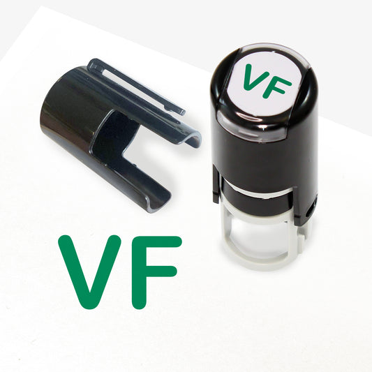 A 10mm self-inking stamp with blue letters 'VF' central to the design.  The stamper lid also shows a clip for attaching the stamper to a lanyard.