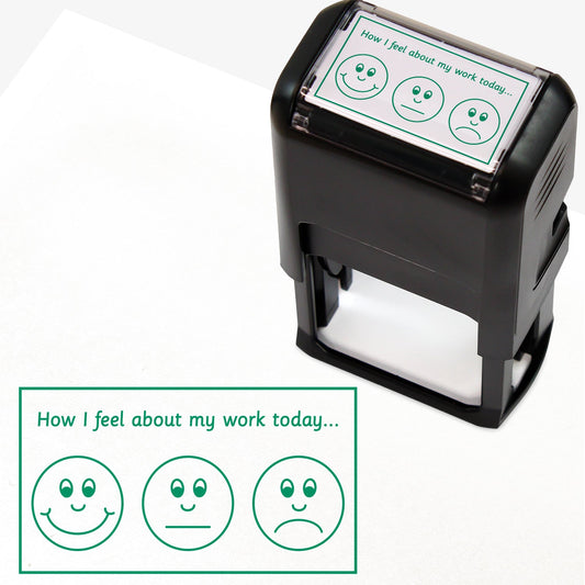 42mm x 22mm self-inking green ink stamper featuring the phrase 'How I feel about my work today….' above three faces - happy, neutral and sad.