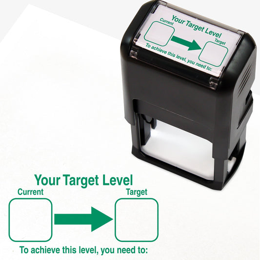 A rectangular, stackable, self-inking stamper, displaying the purple text within a speech bubble 'Verbal feedback given.' stamper measures 44mm by 13mm