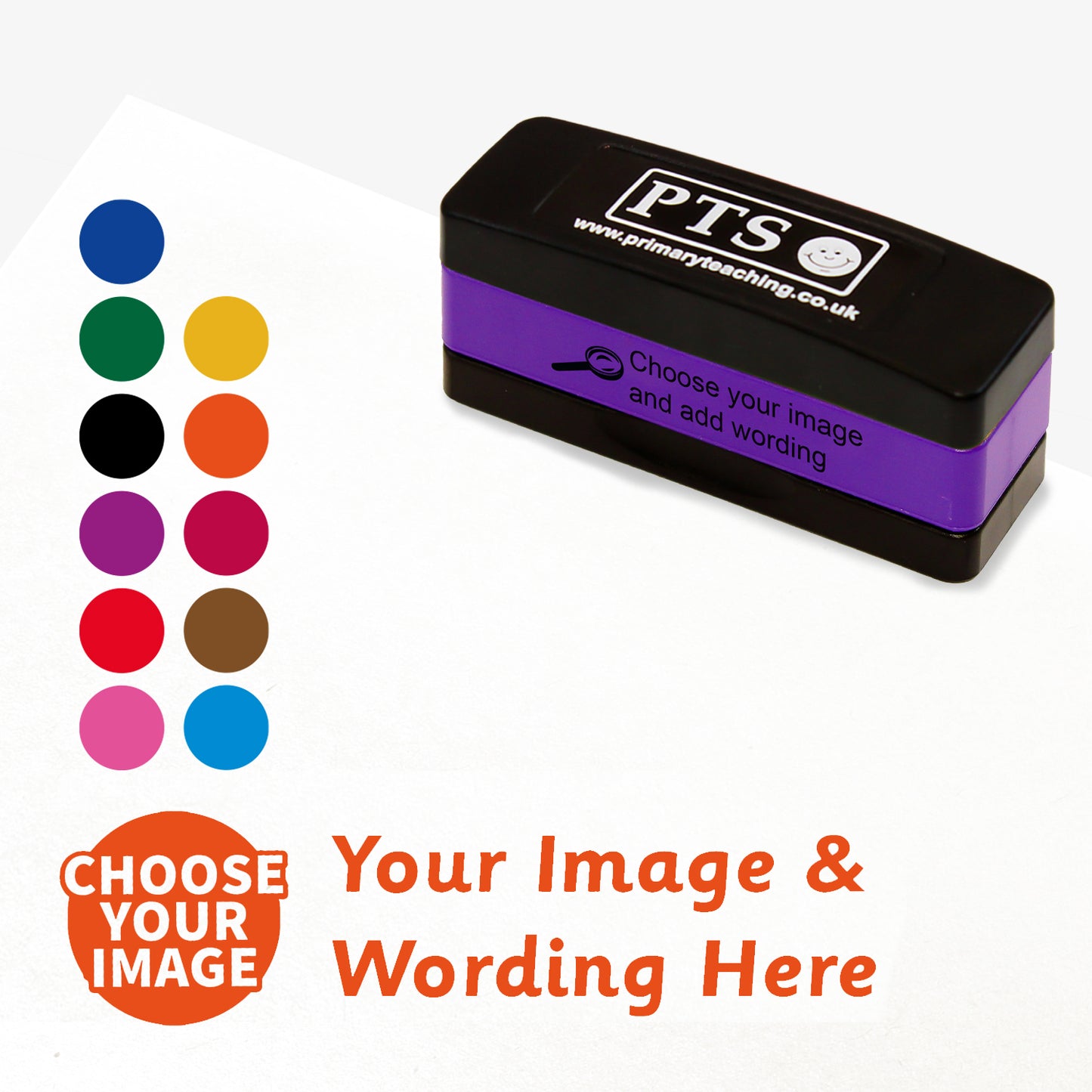 Rectangular self-inking stamper measuring 44mm by 13mm, featuring the an imprint saying 'Choose your Image' and 'Your Image and Wording Here'. This is for customisation and shows 11 colours to choose from - blue, green, black, purple, red, pink, gold, orange, burgundy, brown or sea blue