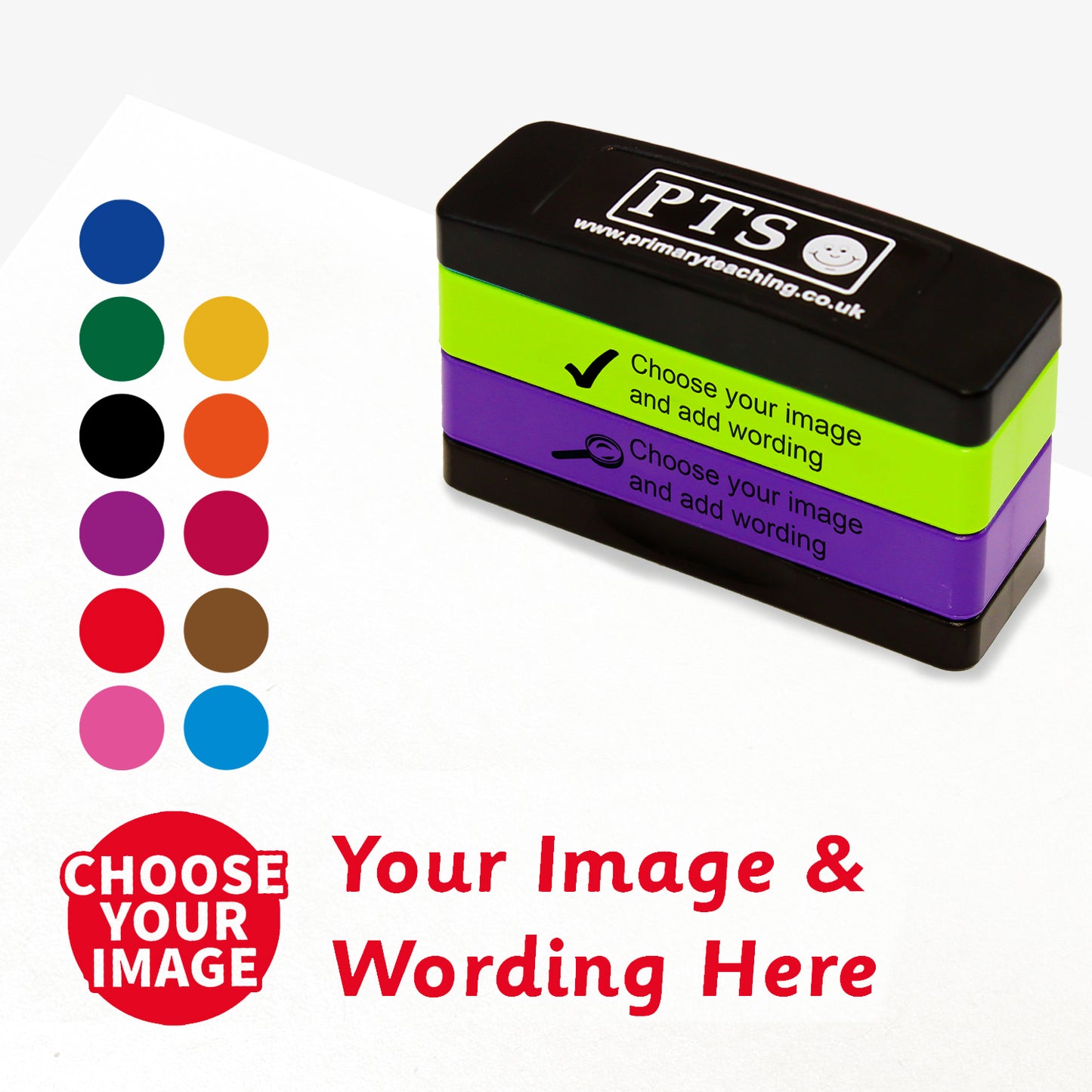 2 stacked rectangular self-inking stampers measuring 44mm by 13mm, featuring the an imprint saying 'Choose your Image' and 'Your Image and Wording Here'. This is for customisation and shows 11 colours to choose from - blue, green, black, purple, red, pink, gold, orange, burgundy, brown or sea blue