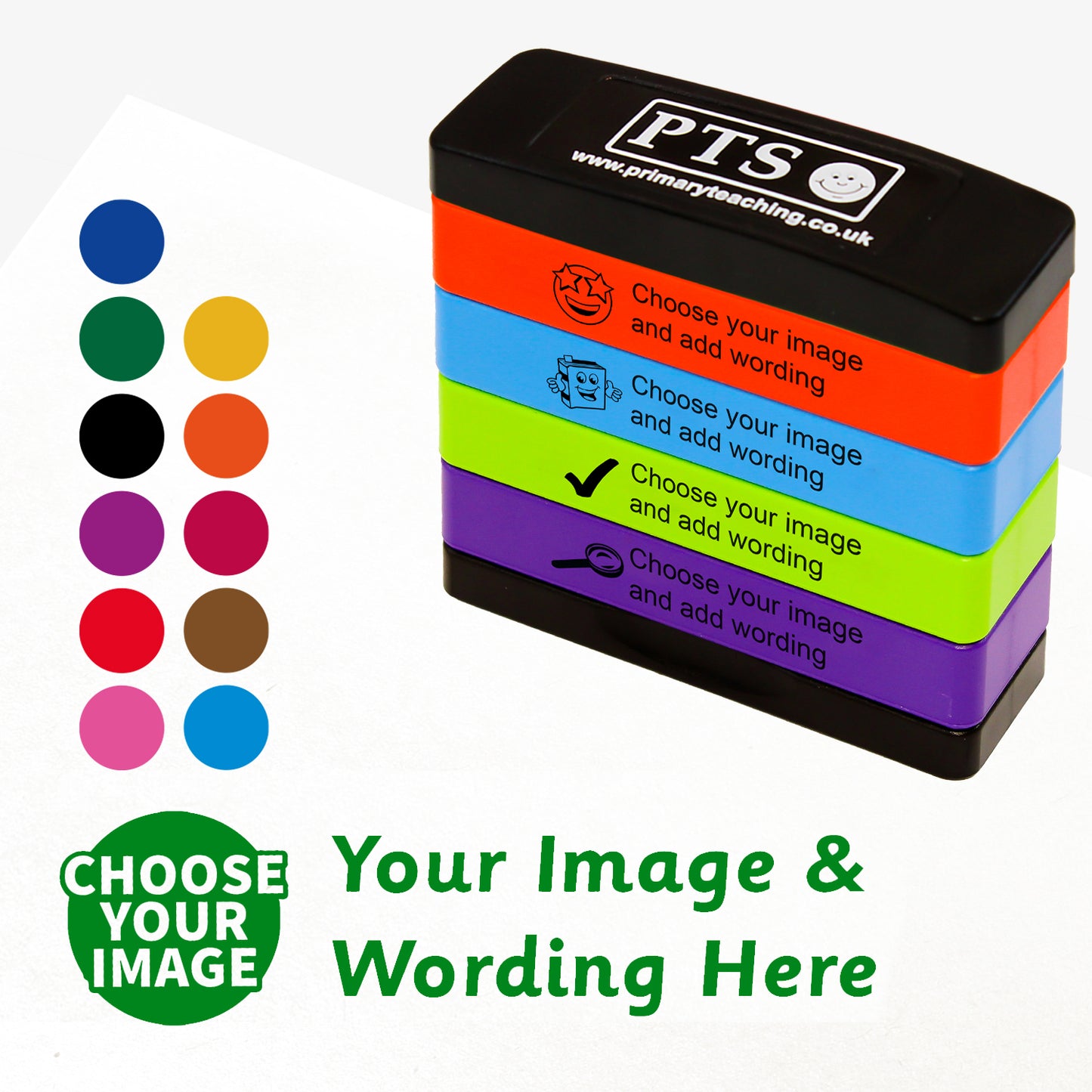 4 stacked rectangular self-inking stampers measuring 44mm by 13mm, featuring the an imprint saying 'Choose your Image' and 'Your Image and Wording Here'.  This is for customisation and shows 11 colours to choose from - blue, green, black, purple, red, pink, gold, orange, burgundy, brown or sea blue