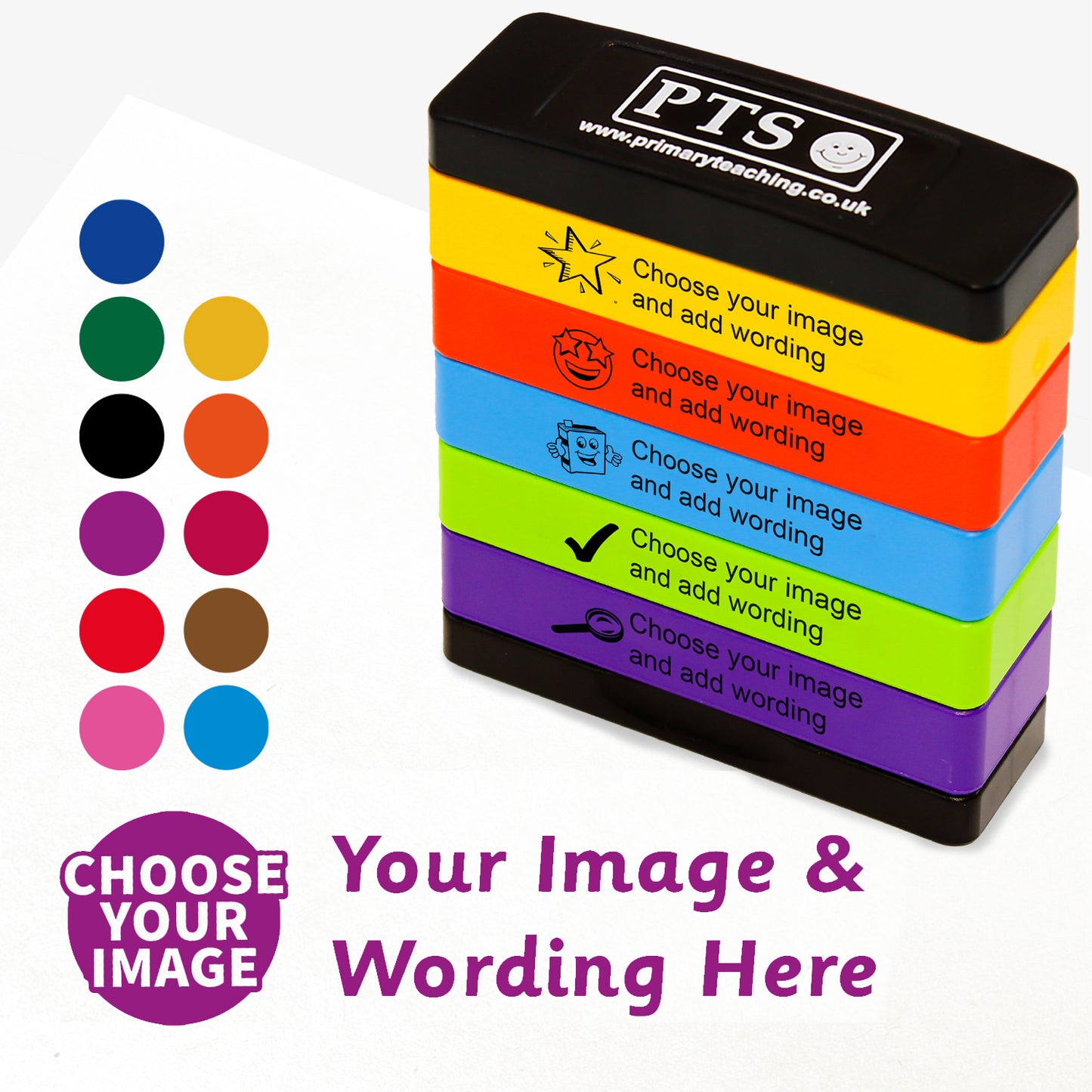 5 stacked rectangular self-inking stampers measuring 44mm by 13mm, featuring the an imprint saying 'Choose your Image' and 'Your Image and Wording Here'. This is for customisation and shows 11 colours to choose from - blue, green, black, purple, red, pink, gold, orange, burgundy, brown or sea blue