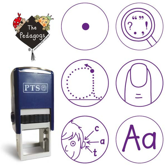 Self-inking teacher stampers showing imprints of six purple circular icons. The icons: a single dot for full stop punctuation, a magnifying glass with question marks and speech marks for sentence checking, a traced lowercase 'a' for handwriting formation, a finger for spacing, a child sounding out the word 'cat', and uppercase and lowercase 'A a' for letter case awareness.