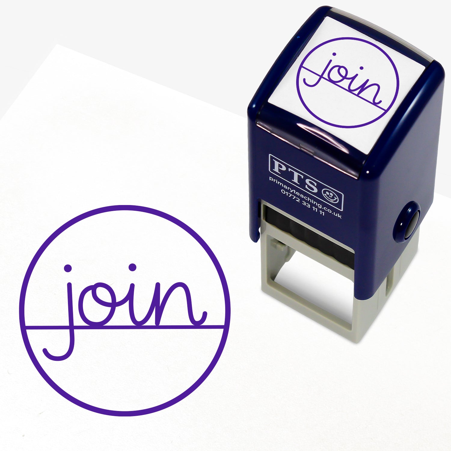 Join Handwriting Stamper – 25mm pre-inked teacher stamp displaying the word 'join' in cursive script within a purple circle, designed to encourage pupils to connect letters in their handwriting.