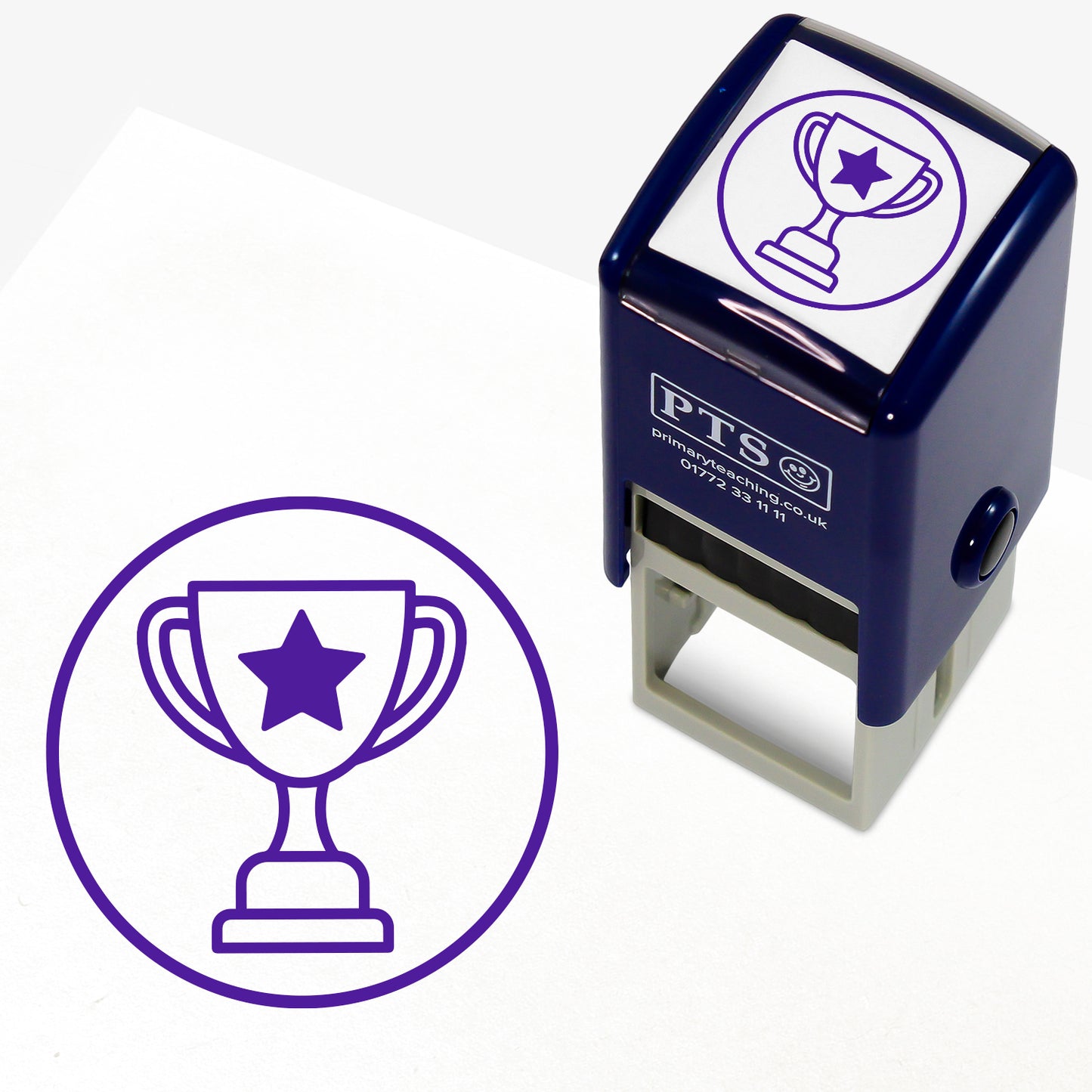 Purple 'Trophy' 25mm pre-inked stamper featuring a circle with a trophy central to it; the trophy has a purple star on it.