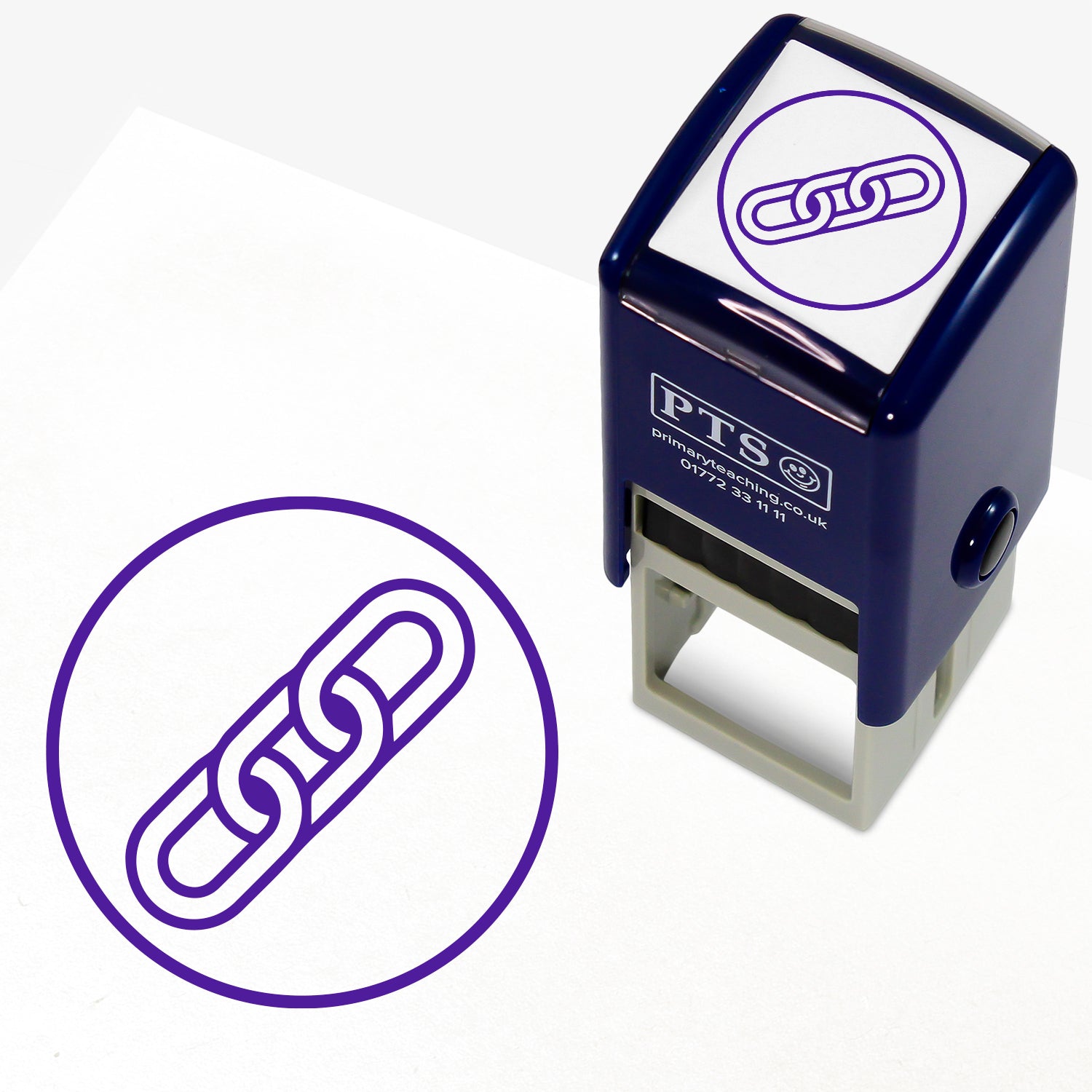 Connectives Chain Stamper – 25mm purple pre-inked teacher stamp featuring 3 chain links joined within a circle outline