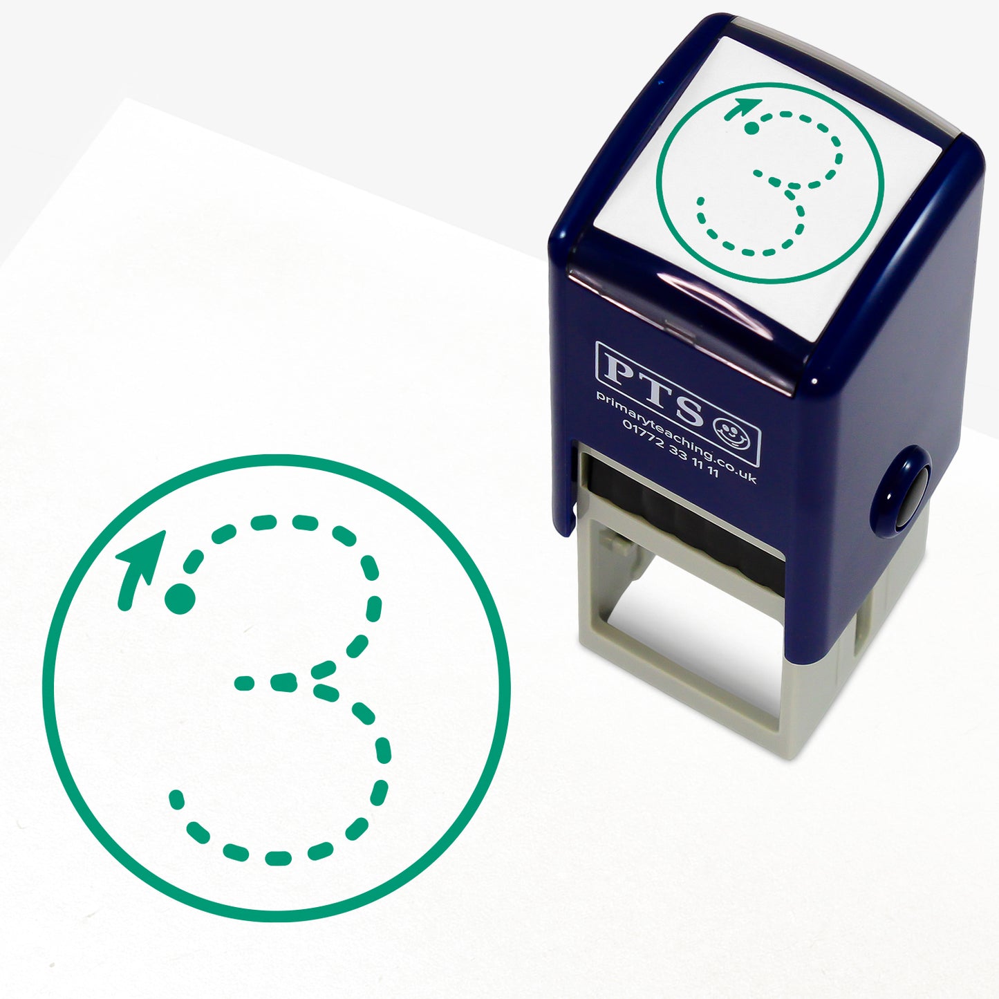 Number Formation Stamper – 25mm green pre-inked teacher stamp displaying the number 3 as dots with an arrow showing the formation, designed to encourage pupils to write the number correctly.