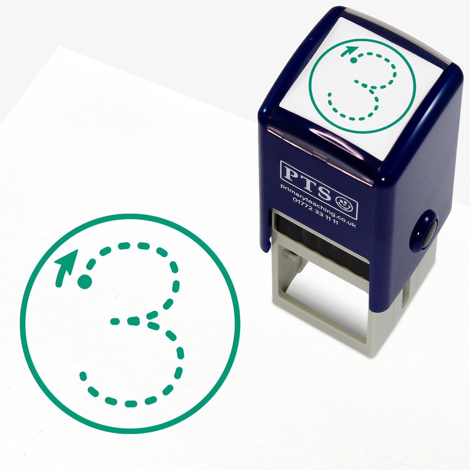 Number Formation Stamper – 25mm green pre-inked teacher stamp displaying the number 3 as dots with an arrow showing the formation, designed to encourage pupils to write the number correctly.