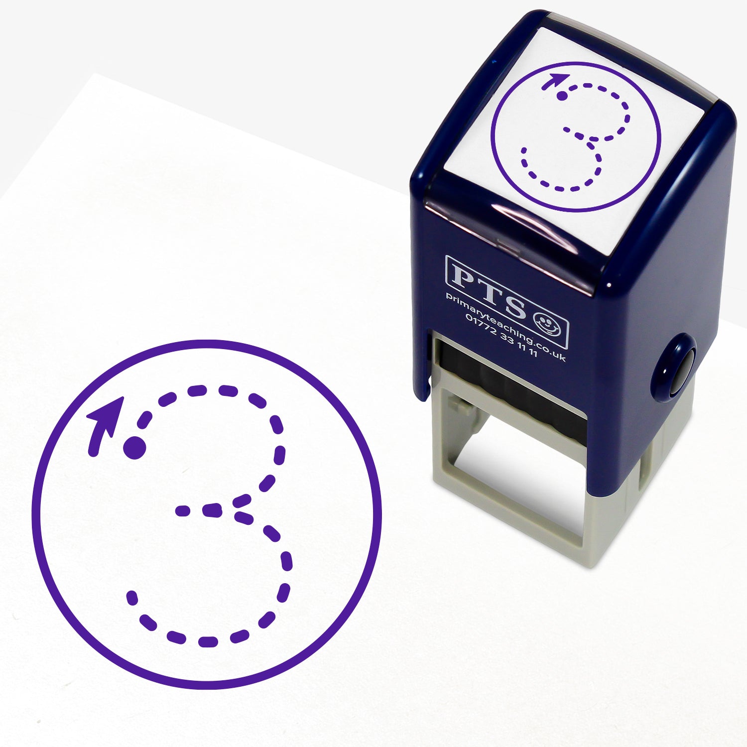 Number Formation Stamper – 25mm purple pre-inked teacher stamp displaying the number 3 as dots with an arrow showing the formation, designed to encourage pupils to write the number correctly.