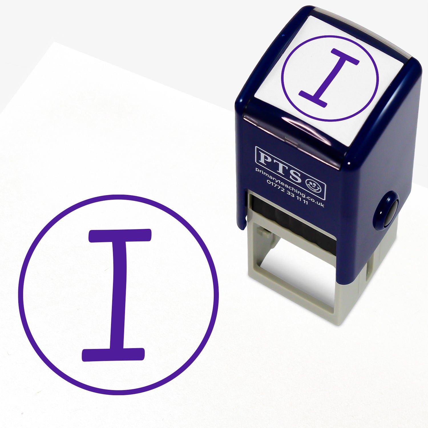 Capital I Stamper – 25mm purple pre-inked teacher stamp featuring a 'I' within a solid circle