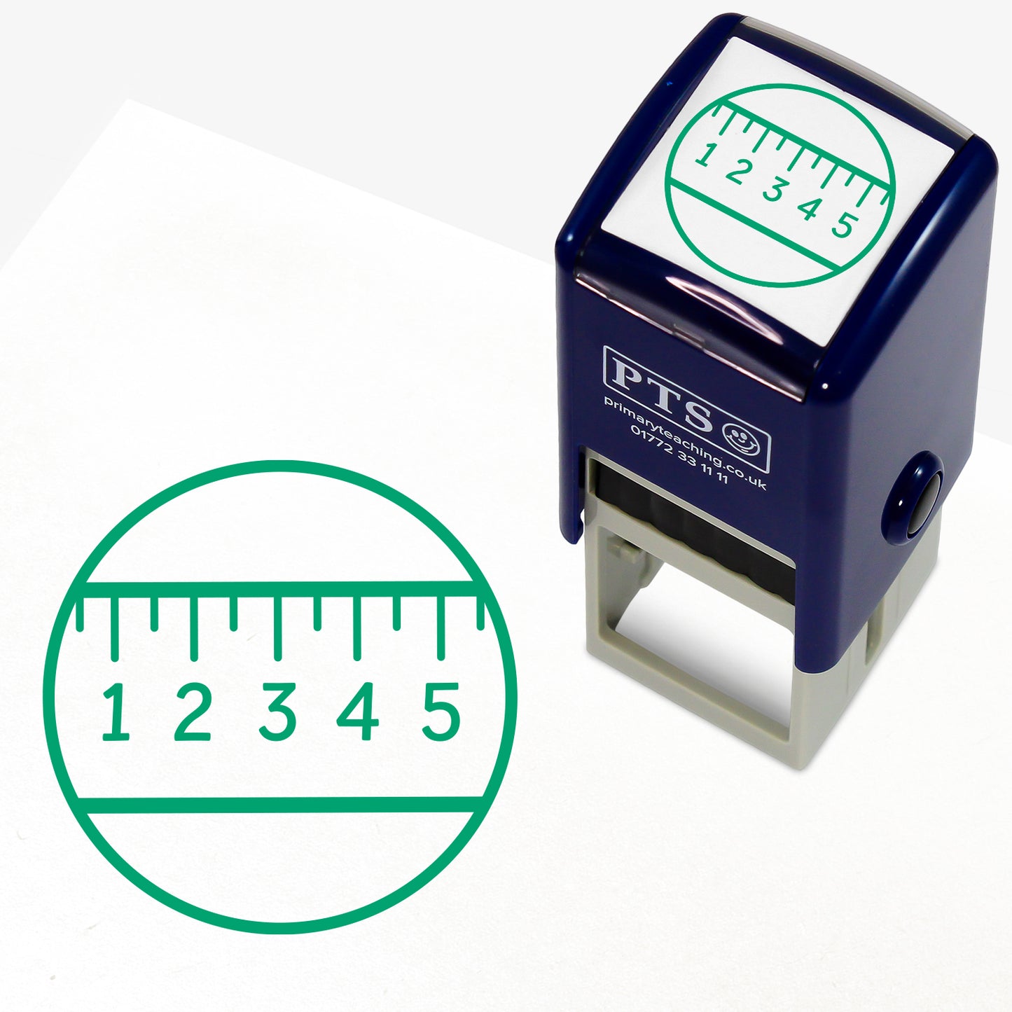 Green 'Use a Ruler' 25mm pre-inked stamper featuring a circle with a ruler measuring 1 to 5 within it.