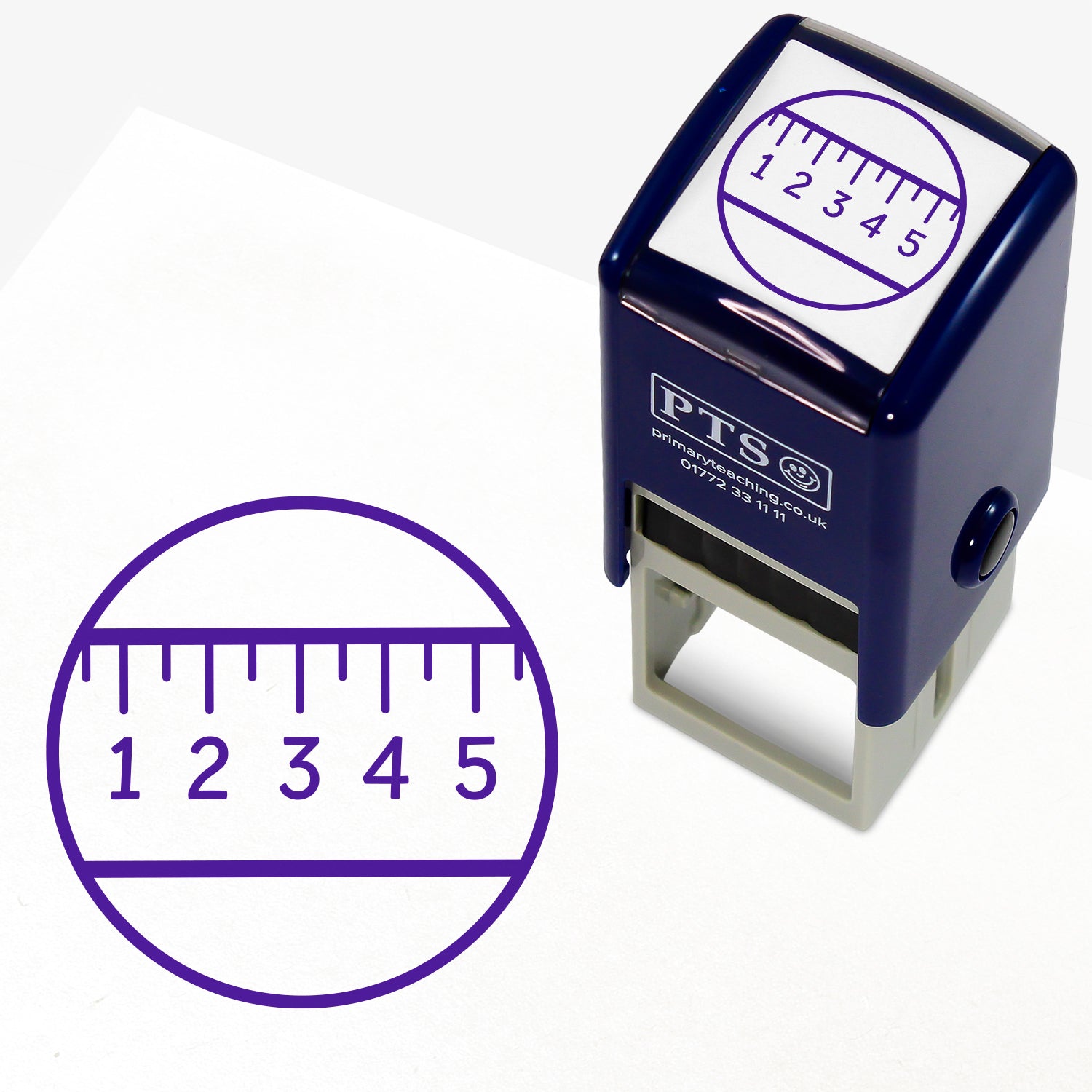 Purple 'Use a Ruler' 25mm pre-inked stamper featuring a circle with a ruler measuring 1 to 5 within it.