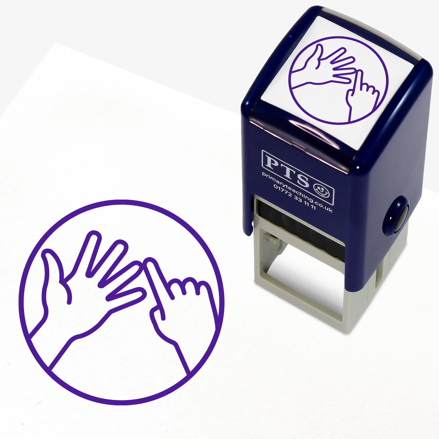 Counting Carefully Stamper – 25mm purple pre-inked teacher stamp featuring an illustration of a hand with fingers extended and a pointing finger, designed to remind pupils to count carefully in maths work.