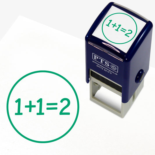 Green 'Show Your Working' 25mm pre-inked stamper featuring a circle enclosing the sum '1 + 1 = 2'