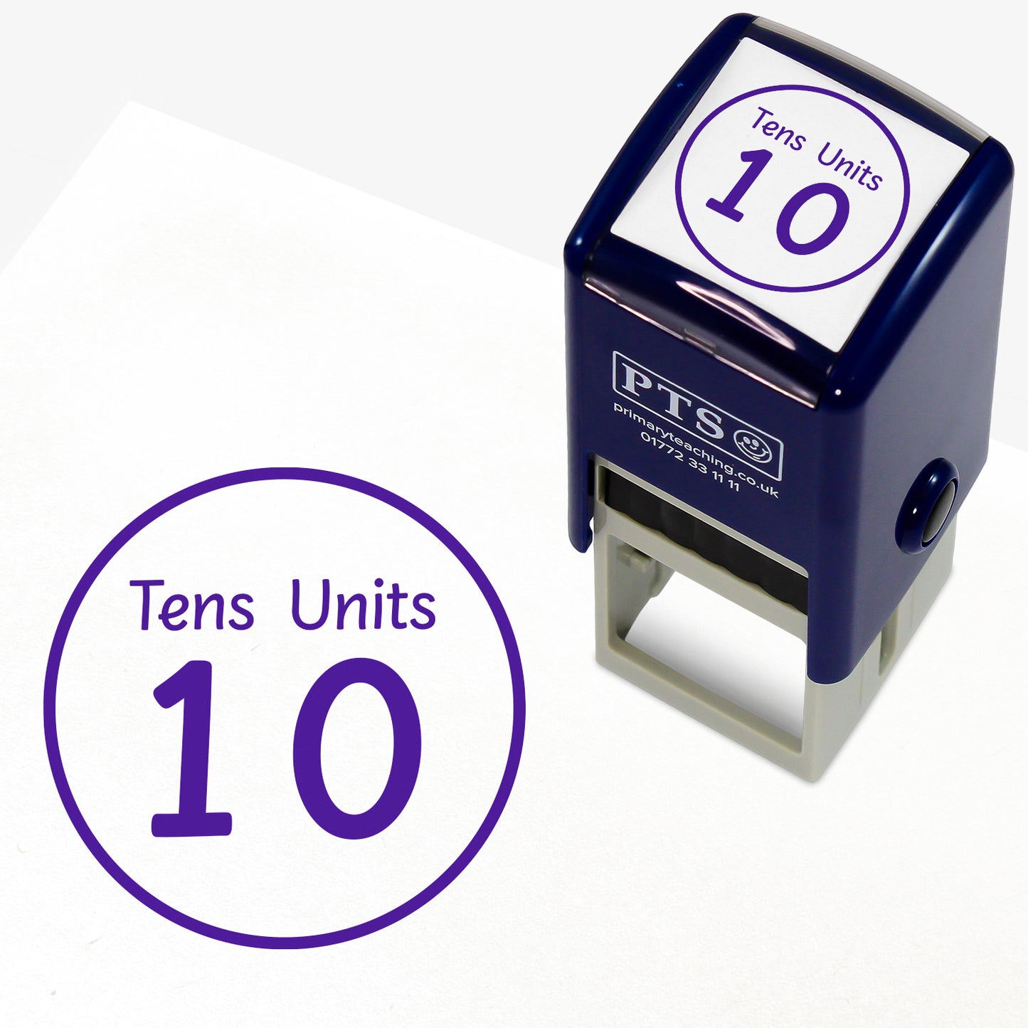 Purple 'Tens and Units' 25mm pre-inked stamper featuring a circle with 'Tens' and the number '1' below and 'Units' with the number '0' below.