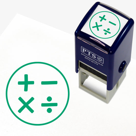 Green 25mm pre-inked stamper featuring a circle with the following mathematical symbols within -  plus, multiply, divide and minus.