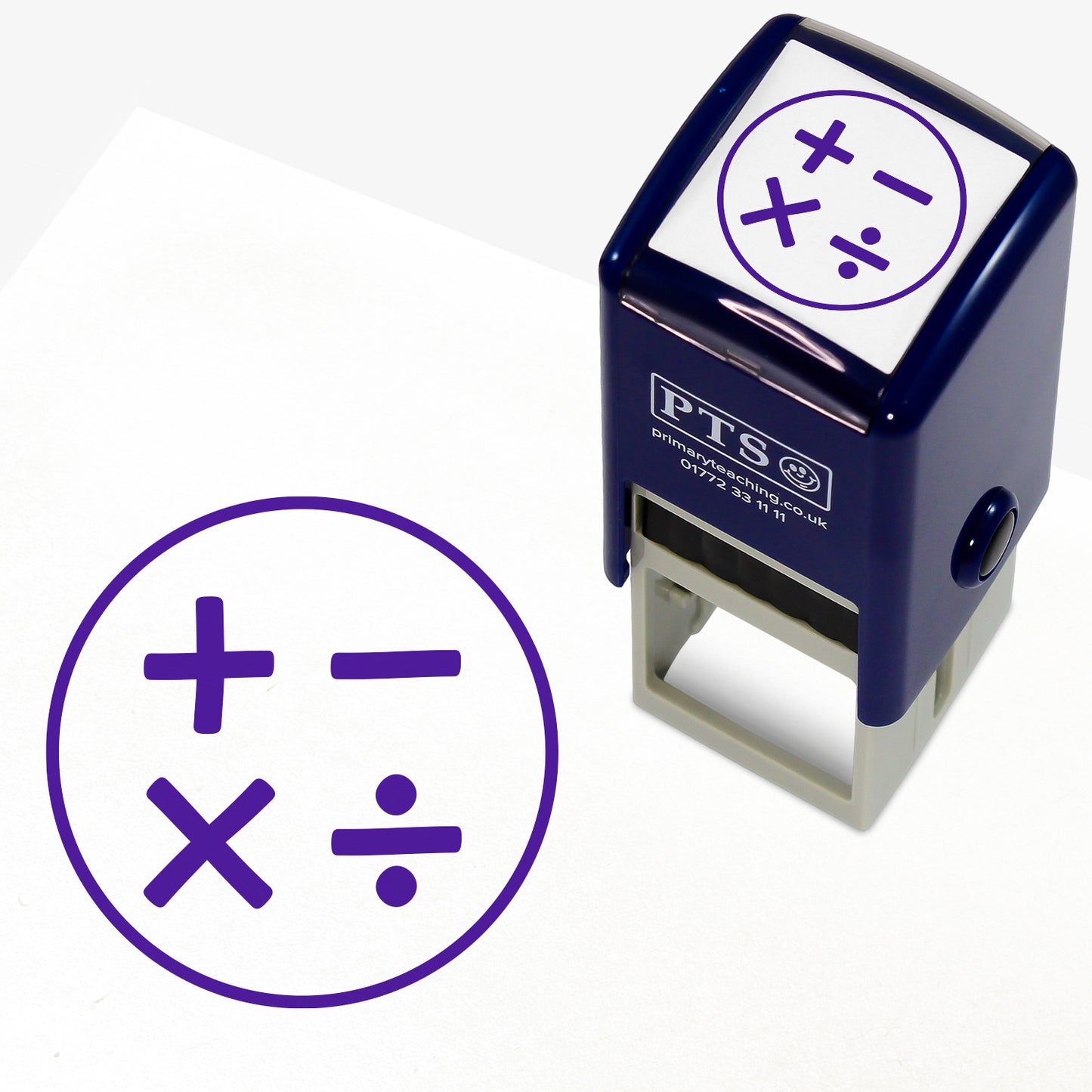 Purple 25mm pre-inked stamper featuring a circle with the following mathematical symbols within - plus, multiply, divide and minus.