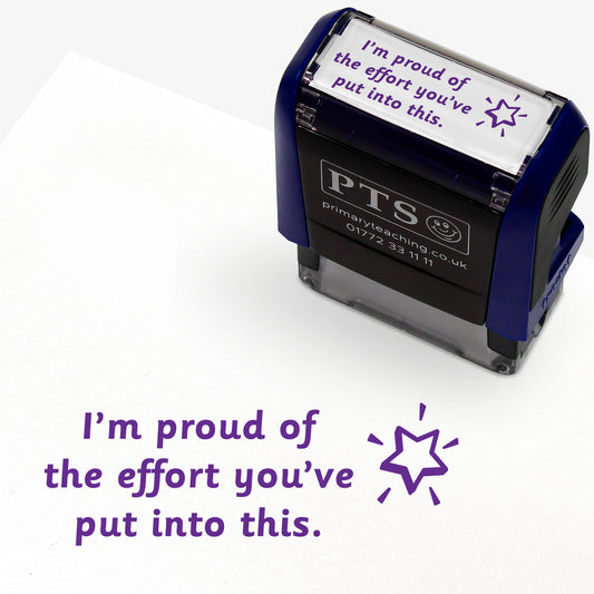 38mm x 14mm self-inking stamper featuring the phrase 'I'm proud of the effort you've put into this.' in bold purple letters nexts to an illustration of a shining star.