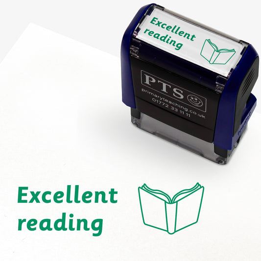 A rectangular green pre-inked teacher stamper measuring 38mm x 15mm, featuring the phrase 'Excellent reading' and an open book icon