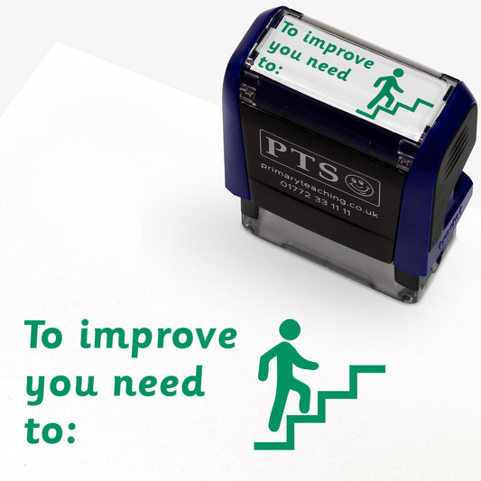 Rectangular self-inking stamper 38mm x 15mm with green ink, featuring the phrase 'To improve you need to:' alongside a side on icon of a person climbing a flight of stairs