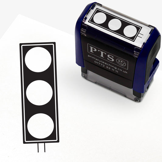 Rectangular self-inking stamper 38mm x 15mm with black ink, featuring a black and white vertical impression of traffic lights