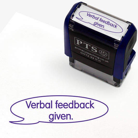 Rectangular self-inking stamper 38mm x 15mm with purple ink, featuring a speech bubble with the text 'Verbal feedback given.' central to it