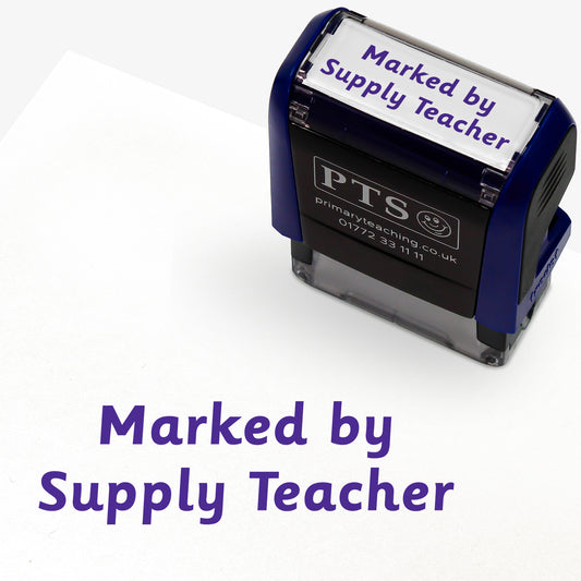Rectangular self-inking stamper measuring 38mm by 15mm, featuring the phrase 'Marked by Supply Teacher' in purple text .