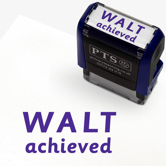 Rectangular self-inking stamper measuring 38mm by 15mm, featuring the phrase 'WALT achieved' in bold purple uppercase letters; designed for educators to acknowledge pupils' attainment of learning objectives.