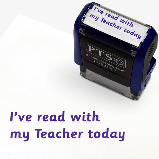 Rectangular self-inking stamper measuring 38mm by 15mm, featuring the phrase 'I've read with my Teacher today' in purple text.