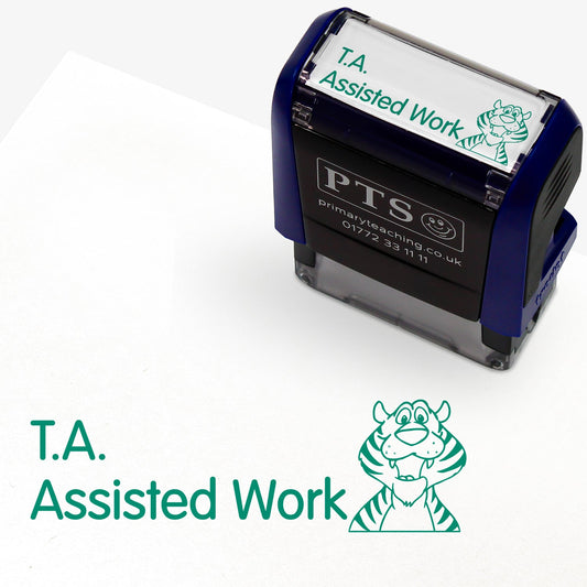 Rectangular self-inking stamper 38mm x 15mm with green ink, featuring the phrase 'T.A. Assisted Work' next to a smiling tiger.
