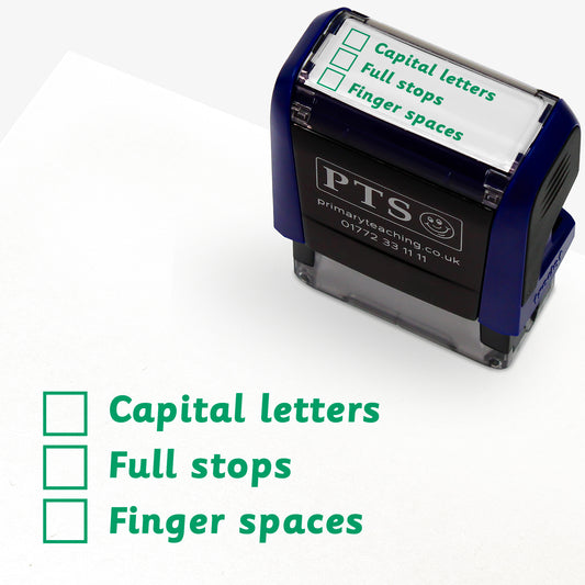 Rectangular self-inking stamper with green ink measuring 38mm by 15mm, featuring the three phrases each with a tick box next to them.  Phrases are 'Capital letters', 'Full stops' and 'Finger spaces'