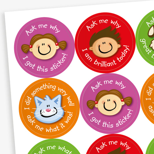 Sheet of 32mm round stickers each with a character's face (Cat, boy, girl, dog) central to a colourful background with phrases surrounding the image, such as 'Ask me why I got this sticker' and 'I did something very well ask me what it was!'