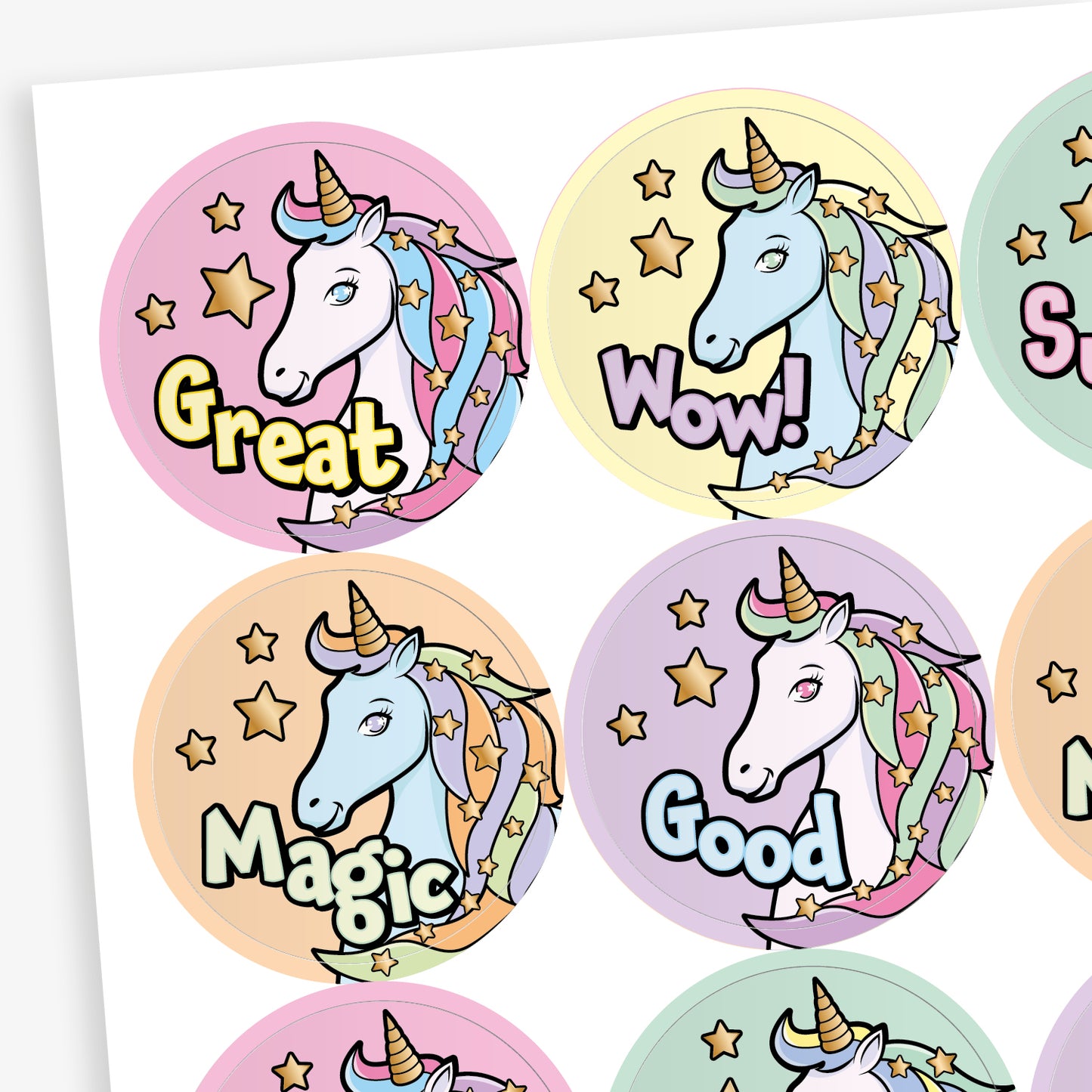 Sheet of 20 round pastel-coloured stickers, each 32mm in diameter, featuring a white unicorn with a rainbow mane and horn, surrounded by stars. Each sticker displays one of five motivational words: 'Great', 'Magic', 'Super', 'Wow!', or 'Good'.