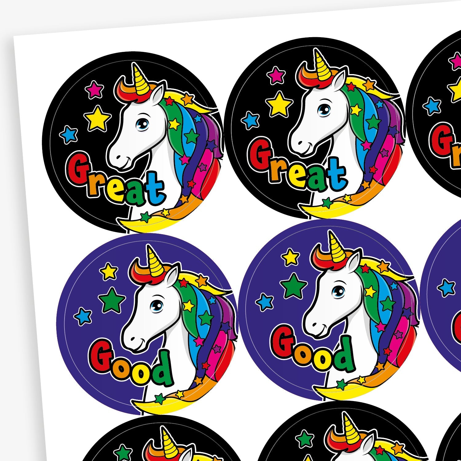 Sheet of 20 round vibrant-coloured stickers, each 32mm in diameter, featuring a white unicorn with a rainbow mane and horn, surrounded by stars. Each sticker displays one of five motivational words: 'Great', 'Magic', 'Super', 'Wow!', or 'Good'.