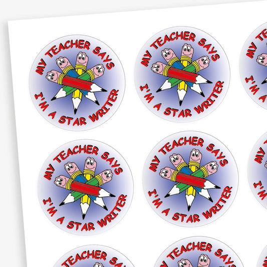 Sheet of round reward stickers with a cartoon star made of smiling pencils and rubbers. Each sticker has the phrase 'My Teacher Says I'm a Star Writer' in red text on a purple gradient background.