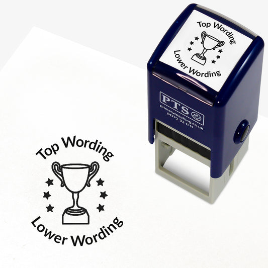 A 25mm round pre-inked teacher stamper with black ink, featuring a trophy with three stars either side, curving above the image is space for personalisation 'Top Wording' and curving below the image is space for personalisation 'Lower Wording' in a clear, bold font.