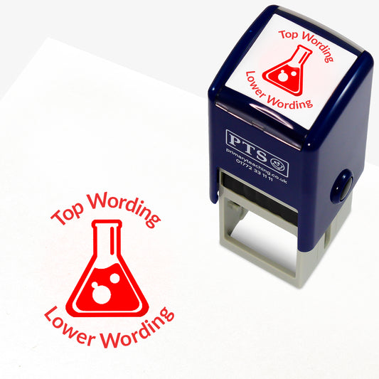 A 25mm round pre-inked teacher stamper with red ink, featuring a conical flask wish bubling liquid in the centre, curving above the image is space for personalisation 'Top Wording' and curving below the image is space for personalisation 'Lower Wording' in a clear, bold font.